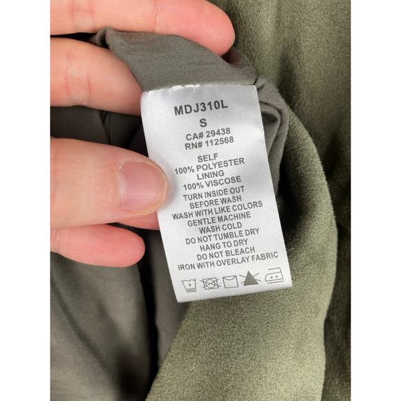 Miss Me Army Green Faux Suede Long Jacket Tie Front Boho Small Olive Utility - Picture 8 of 9